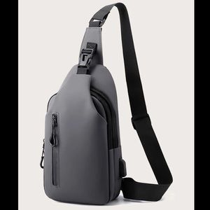 Minimalistic Grey Waterproof Sling Bag with USB Port OS New